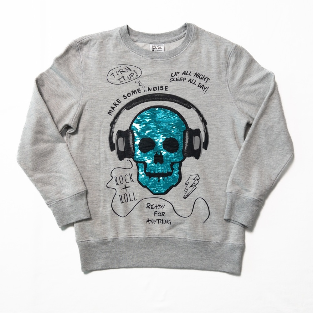 P.S. Aeropostale | Gray Sweater with Teal Skull Design | Size 7 | Rock & Roll